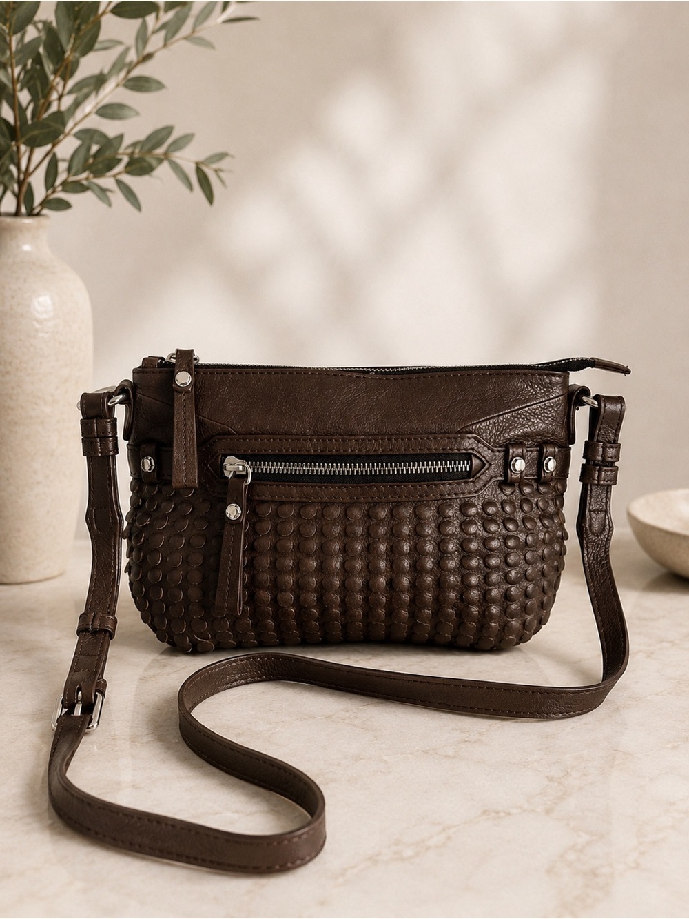 Oryany Brown Woven Leather Crossbody Shoulder Bag Silver Hardware - Picture 1 of 12